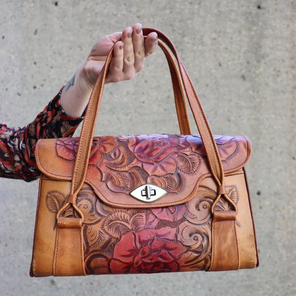 Vintage Handbags - 70s vintage tooled leather bag purse